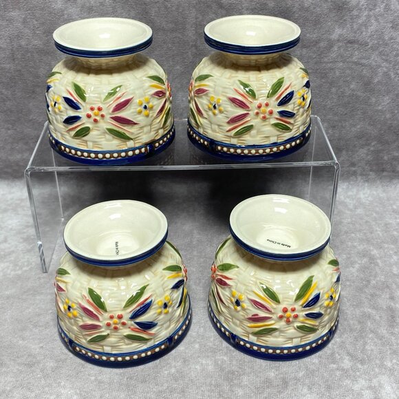 4 Temp-Tations Old World Blue 8Oz Ceramic Basketweave Pedestal Cups Set - Picture 5 of 10
